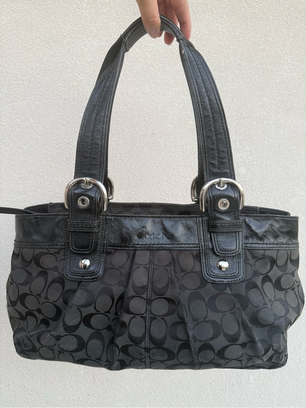 Coach Black Signature Jacquard Shoulder Bag with Leather Trim
